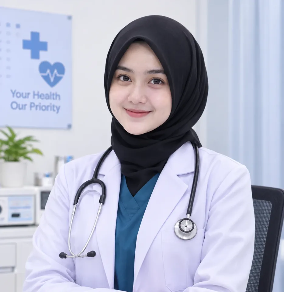 Dokter DEVHEALTH tersenyum di ruang praktik klinik